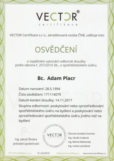 Ing. Adam Placr - Certifikace Vector