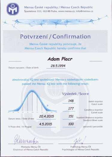 Ing. Adam Placr - Certifikát Mensa