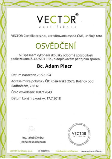 Ing. Adam Placr - Certifikace Vector