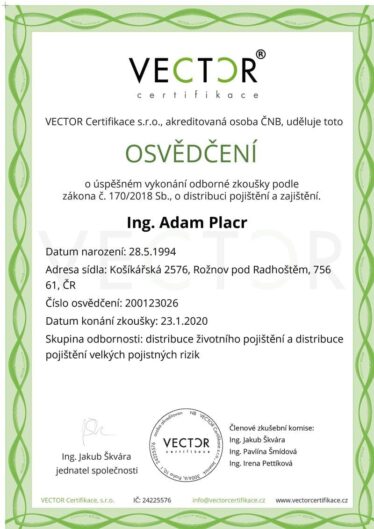 Ing. Adam Placr - Certifikace Vector