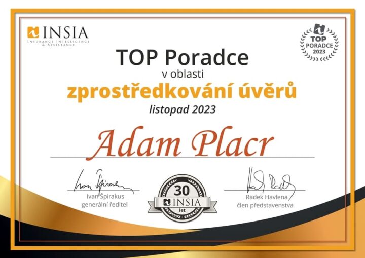 Ing. Adam Placr - TOP Poradce v oblasti zprostředkování úvěrů - listopad 2023
